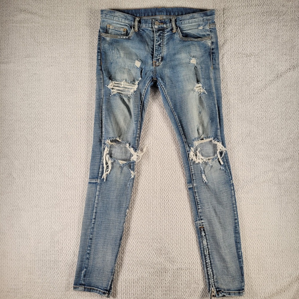MNML distressed buttonfly blue jeans w/ ankle zipper size 32 (waist 35)